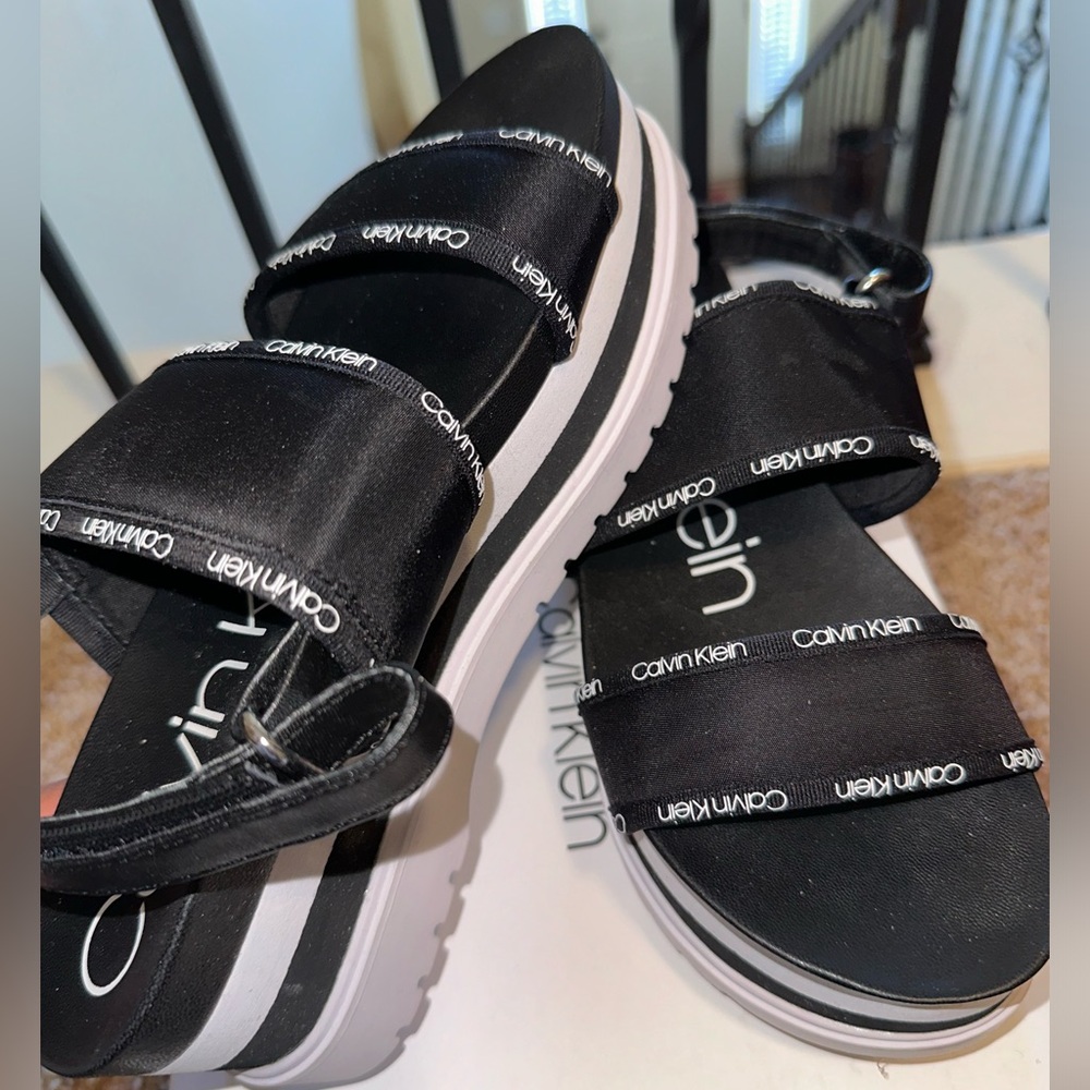 Calvin Klein | Nola Black and White Nylon Platform Sandals, size 6